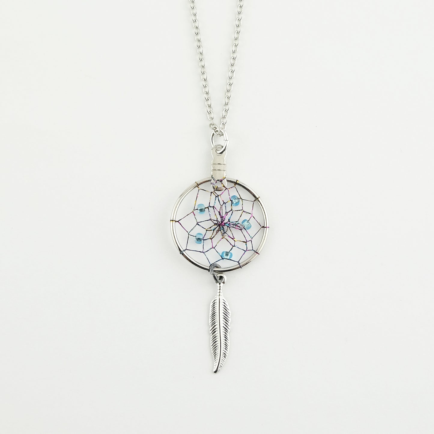 .75" Magical Dream Catcher Necklace with a Metal Feather