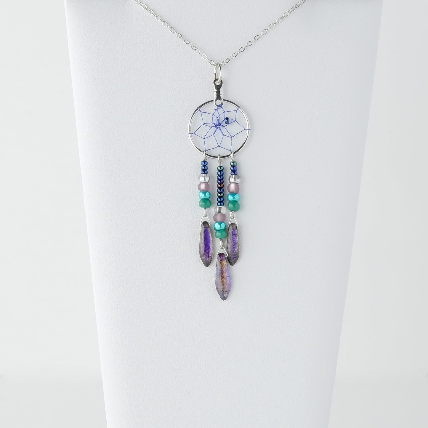 .75" Dream Catcher Peacock Glass Bead Necklace