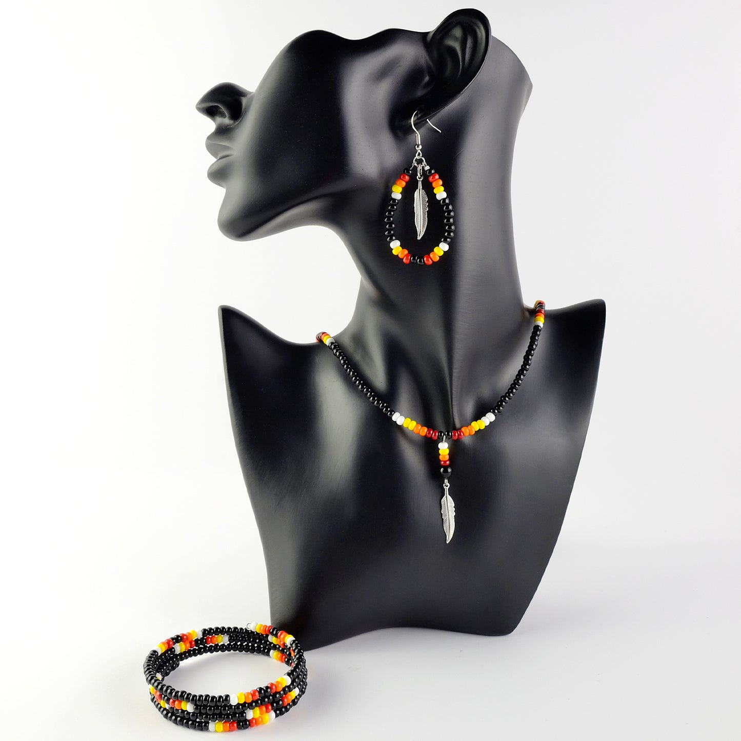 Black Beaded Necklace with Feather