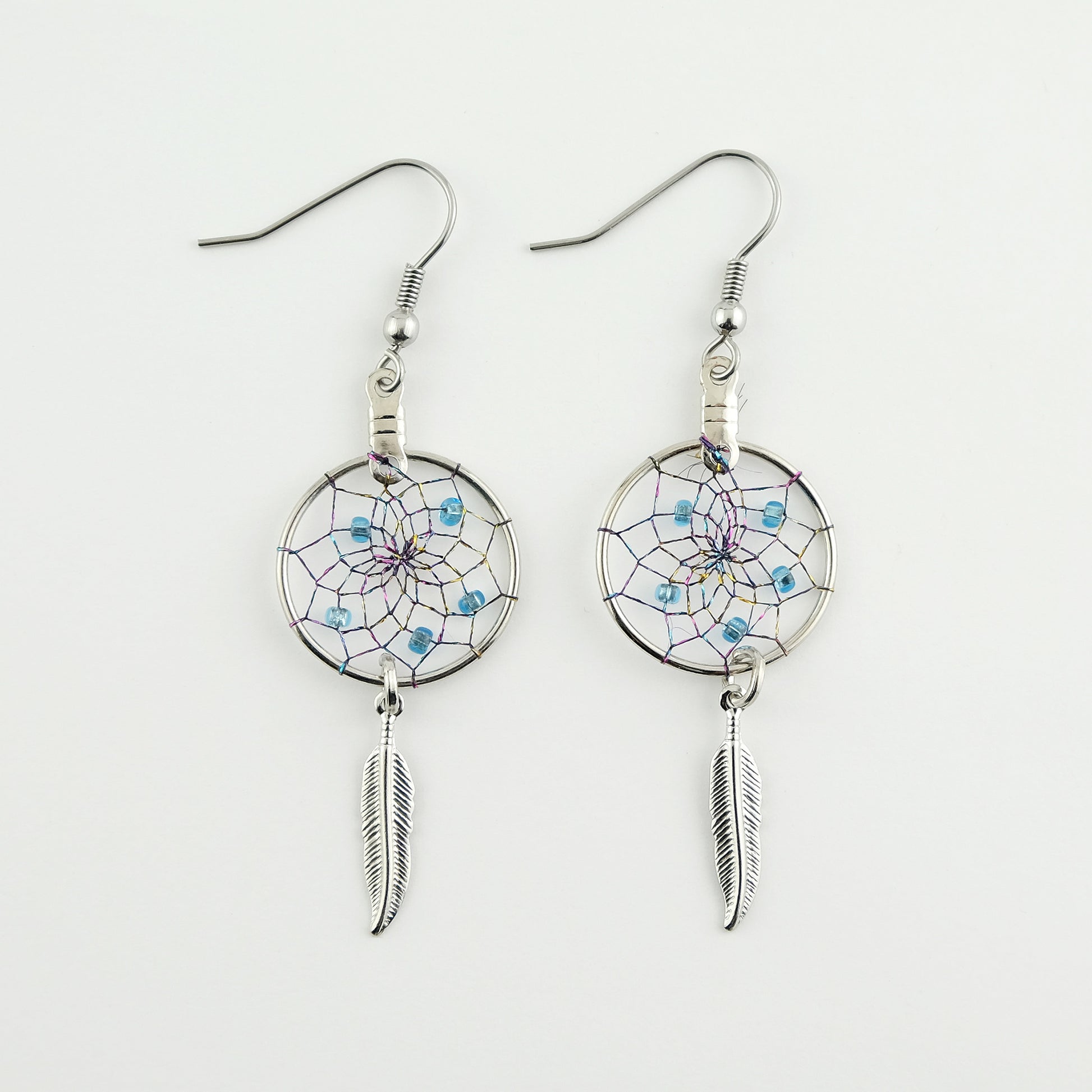 .75" Magical Dream Catcher Earrings with Metal Feathers