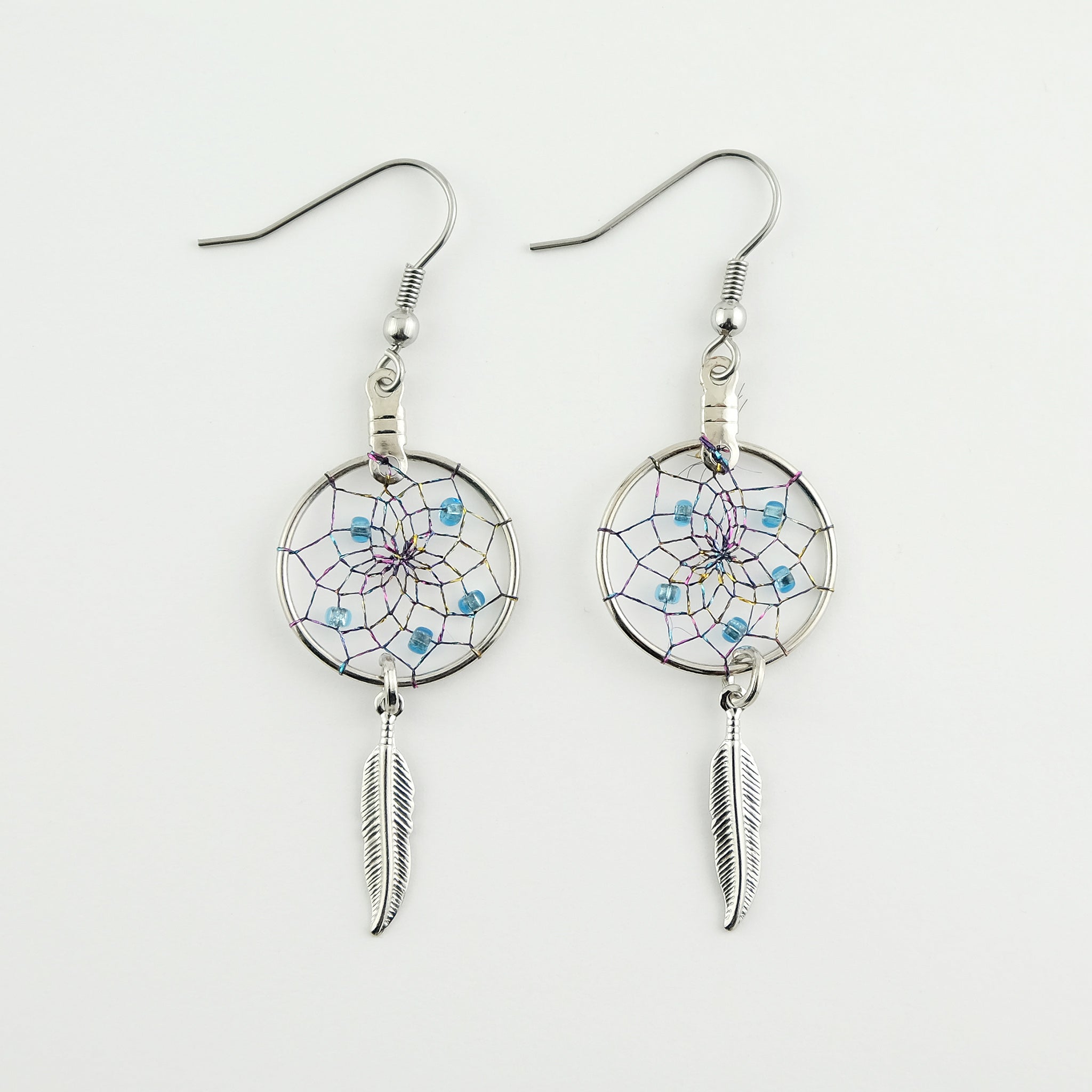 .75" Magical Dream Catcher Earrings with Metal Feathers