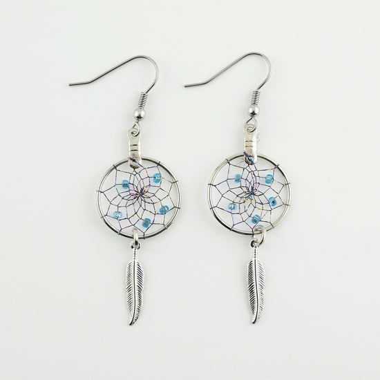 .75" Magical Dream Catcher Earrings with Metal Feathers