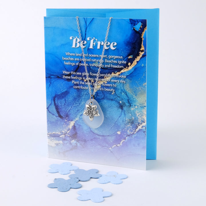 "Be Free" Greeting Card with White Sea Glass Necklace and Plantable Seed Paper
