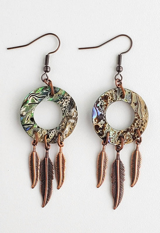 25mm Donut Paua Shell Earrings with Copper Feathers