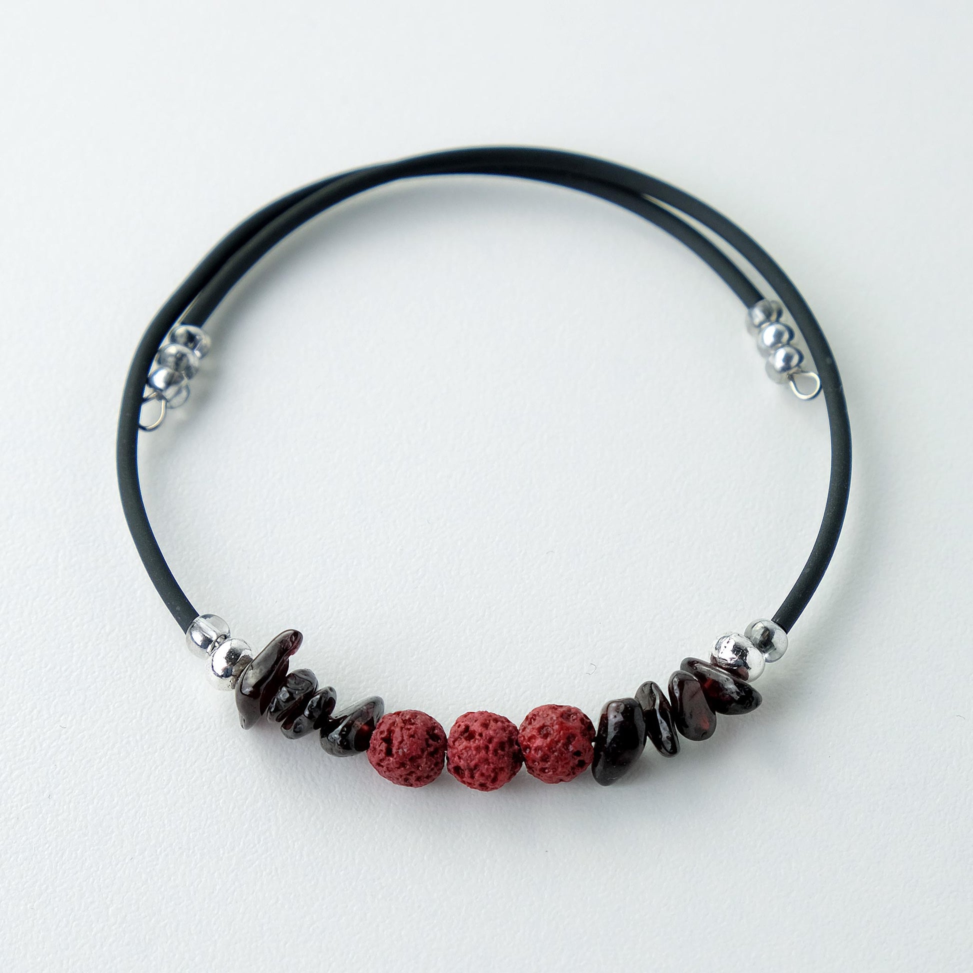 Coil Bracelet with Red Lava and Garnet Stones